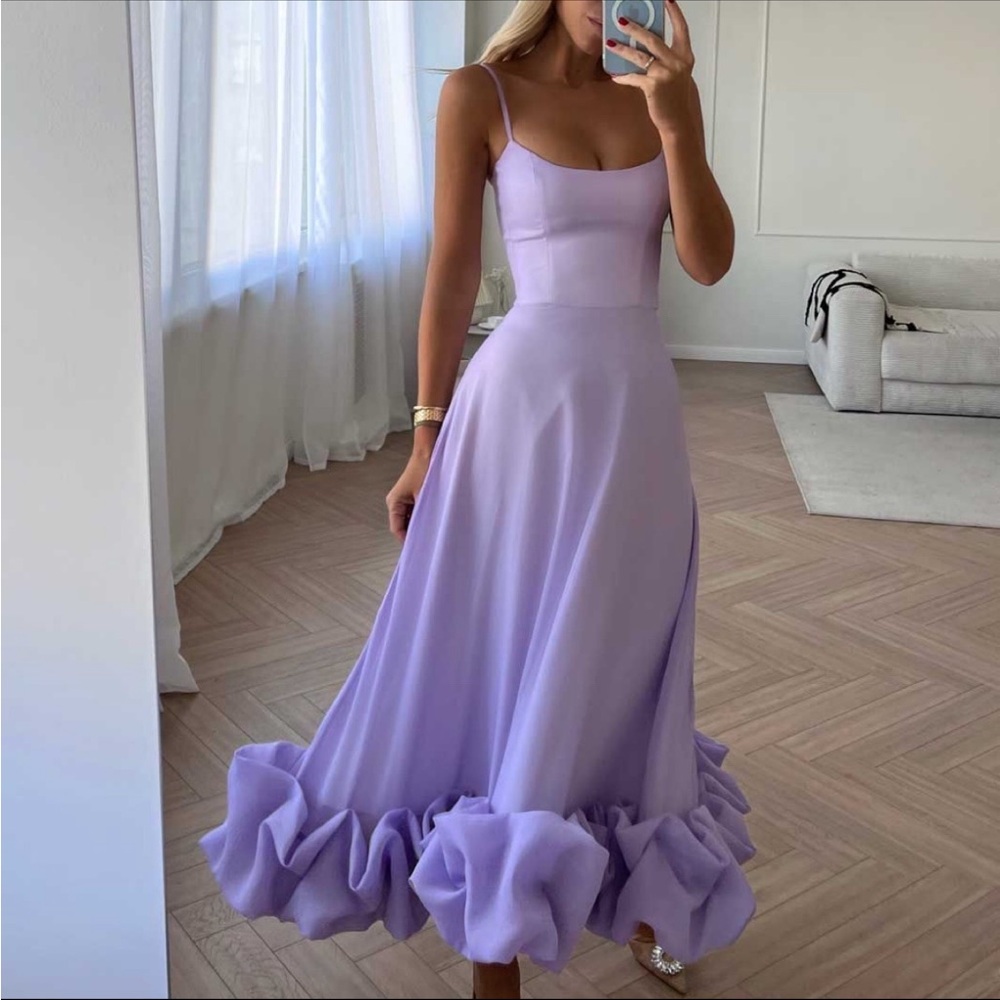 Flounce Bustier Midi Dress in Lavender.